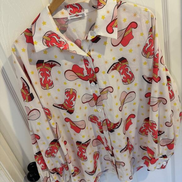 Vintage Nylon Apparel Shirt Womens Medium White/Pink Western Boot Button Up 90s - Picture 2 of 8